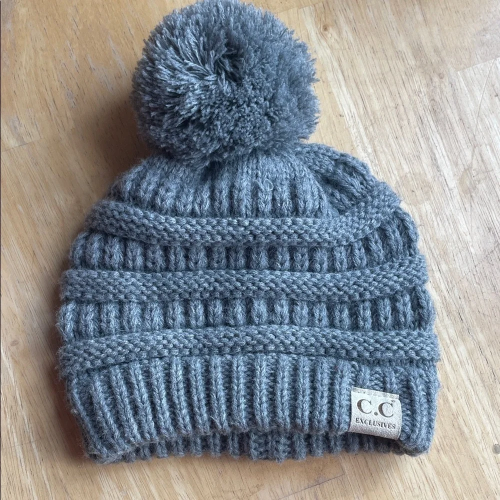C.C Kids Knit Beanie with Pom-Pom - Gray